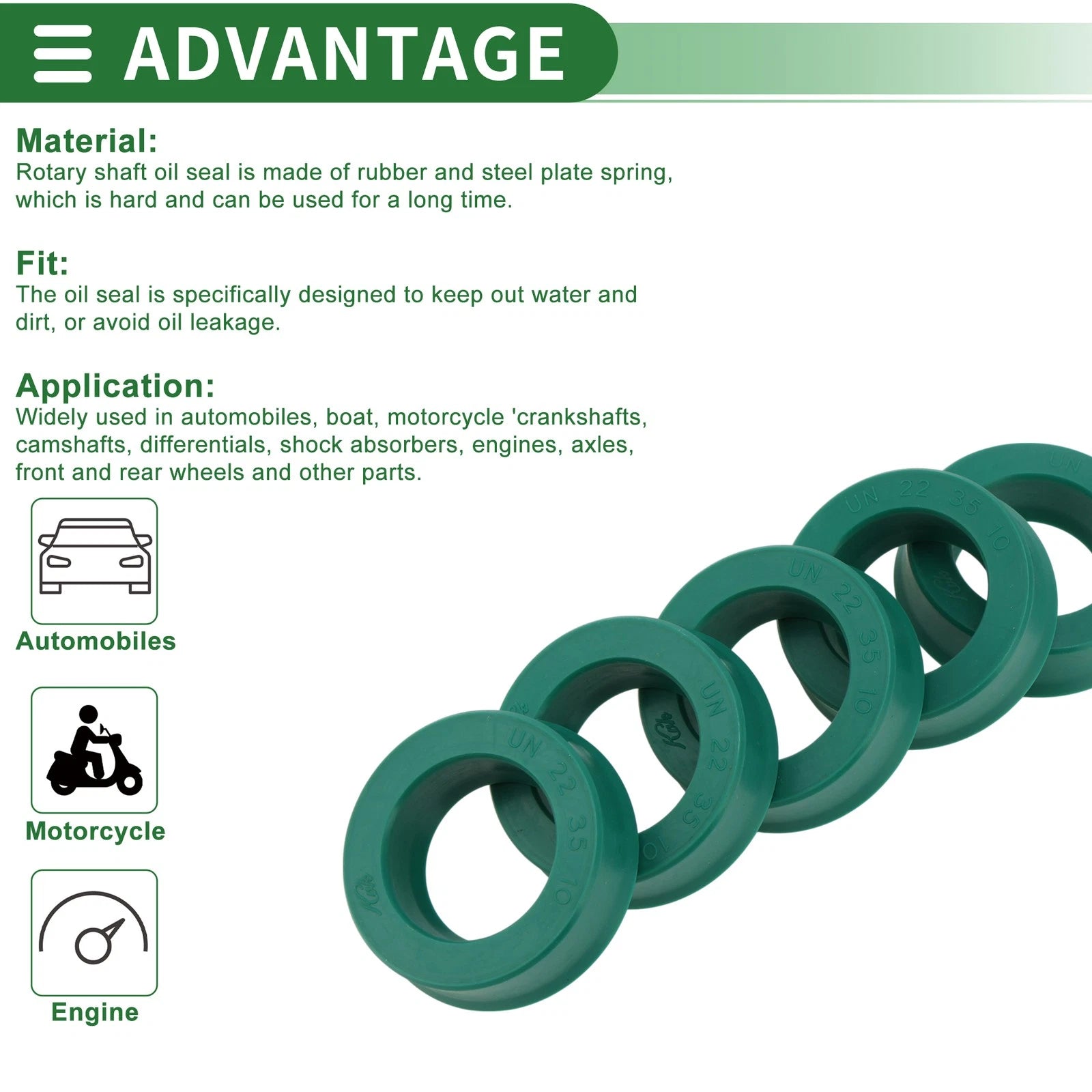 Set of 5 Oil Seal Rotary Shaft Seal 22x35x10mm High Pressure Green