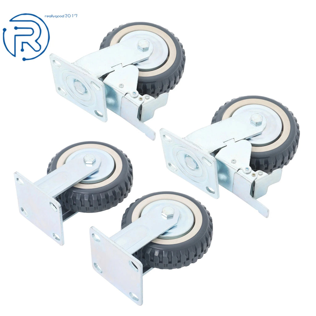 Set of 4 Gray PU 6-Inch Casters with 2 Straight Wheels & 2 Brakes