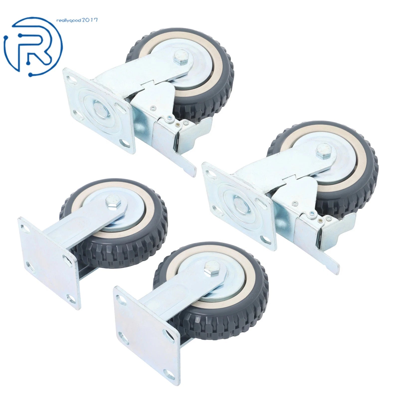 Set of 4 Gray PU 6-Inch Casters with 2 Straight Wheels & 2 Brakes