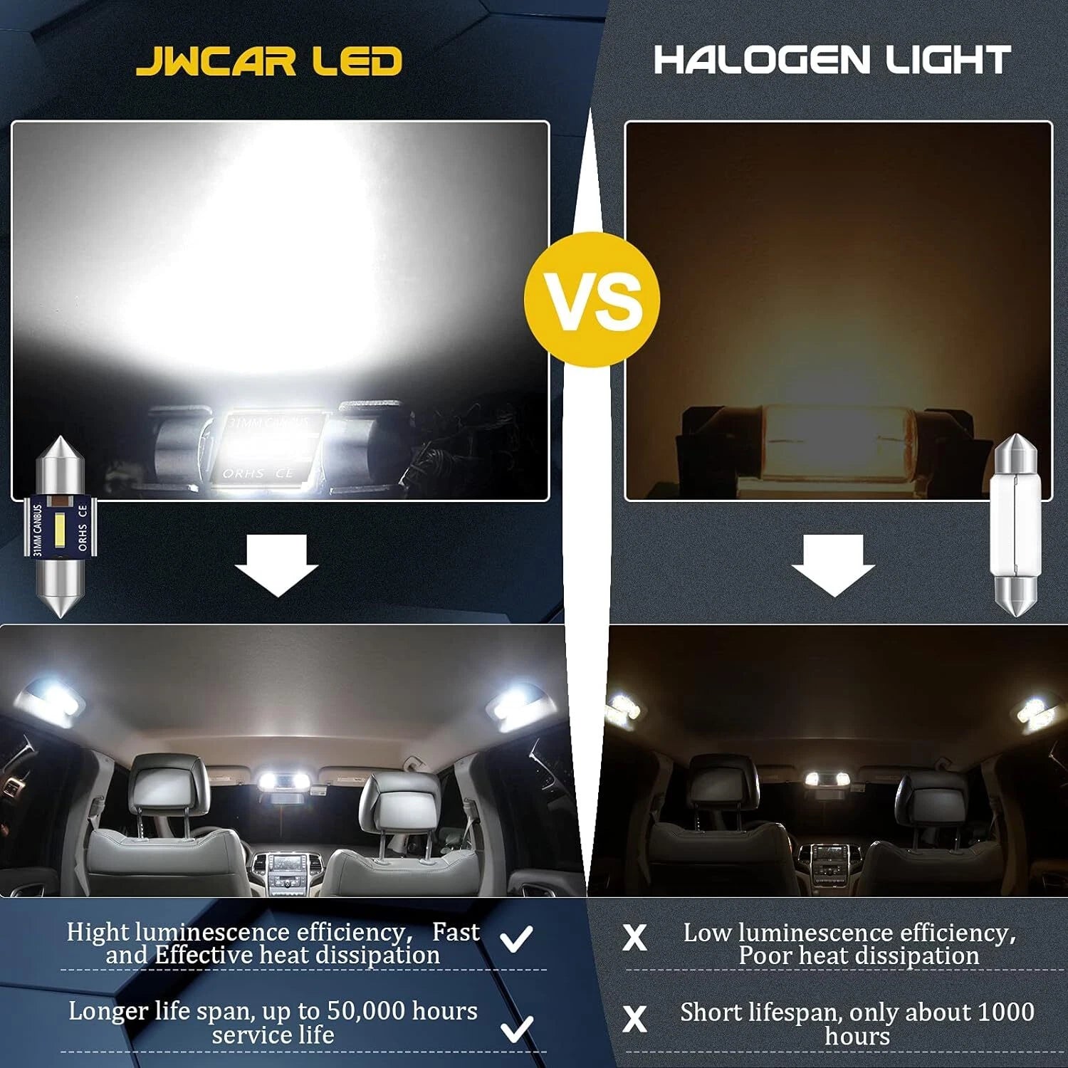 Set of 4 LED Festoon Bulbs for Universal Interior Dome Map License Light (31mm)