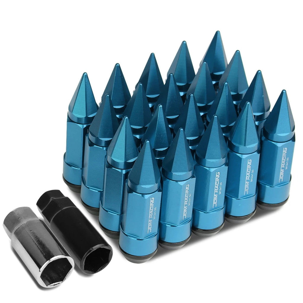 Set of 20 M12X1.5 83mm Tall Sky Blue Aluminum Rim Lug Nuts with Caps + 2 Keys