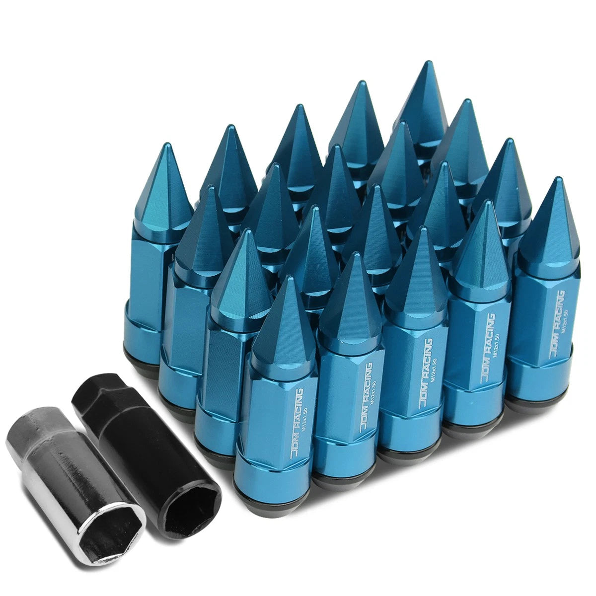 Set of 20 M12X1.5 83mm Tall Sky Blue Aluminum Rim Lug Nuts with Caps + 2 Keys