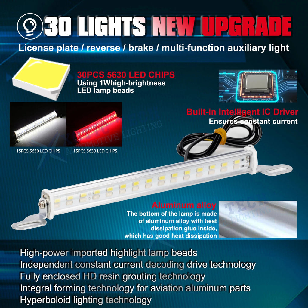 White Red Bolt-On LED License Plate Backup Reverse Brake Light Bar for Car (30-SMD) (2024-2025)
