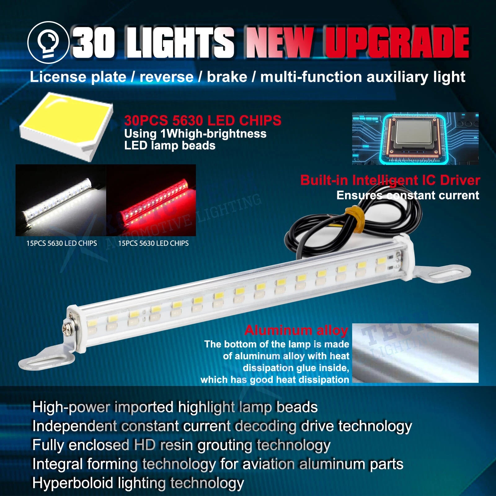 White Red Bolt-On LED License Plate Backup Reverse Brake Light Bar for Car (30-SMD) (2024-2025)