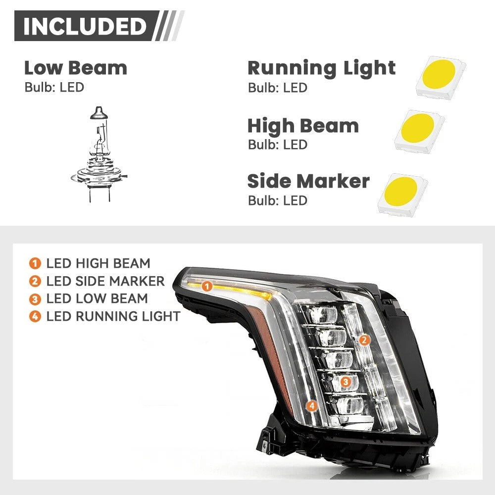 Full LED Headlight for Cadillac Escalade (2015–2020) w/LED DRL, Right Side