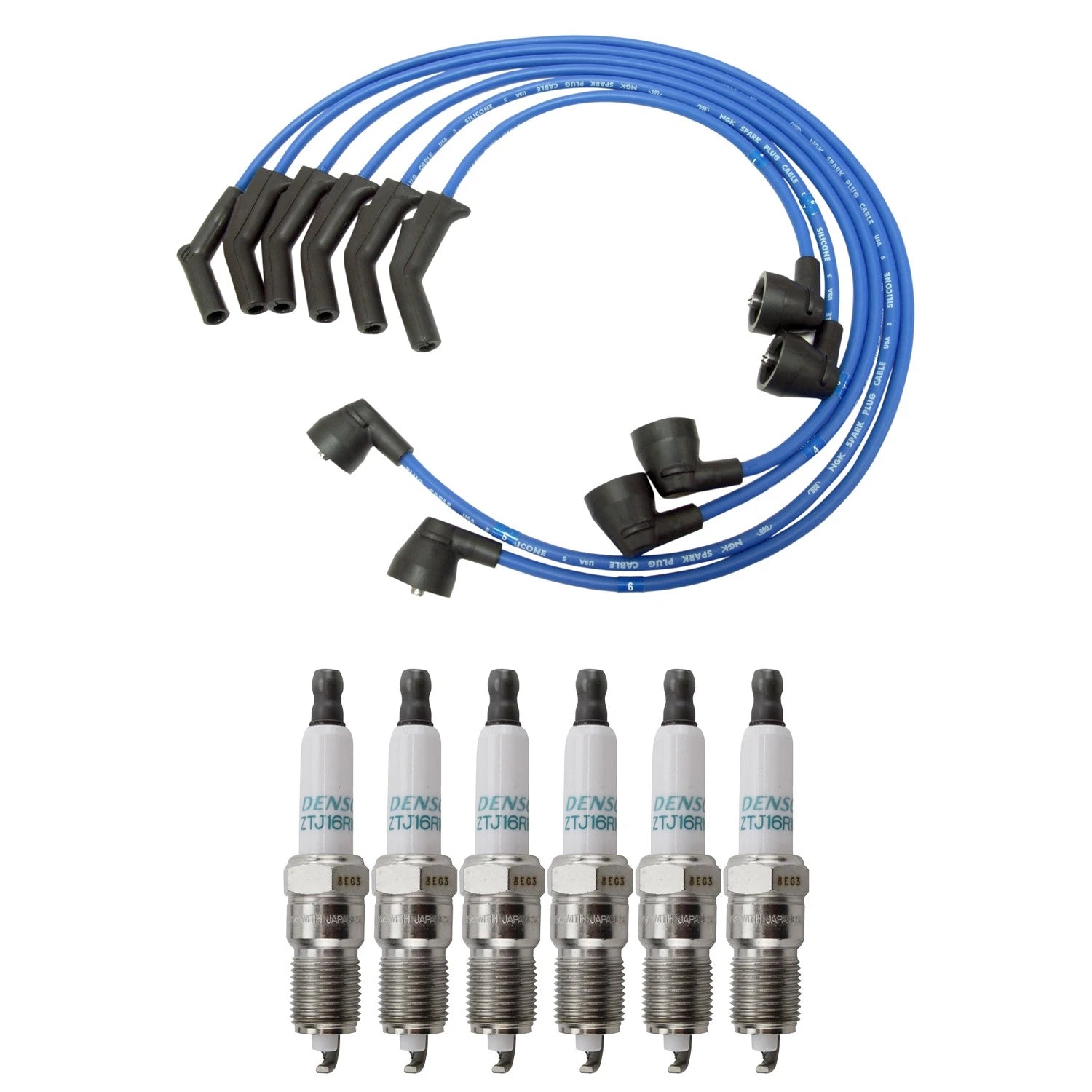 NGK Wire Set & Denso 6 Double Iridium Spark Plugs for Cougar Mustang (1994–2002)
