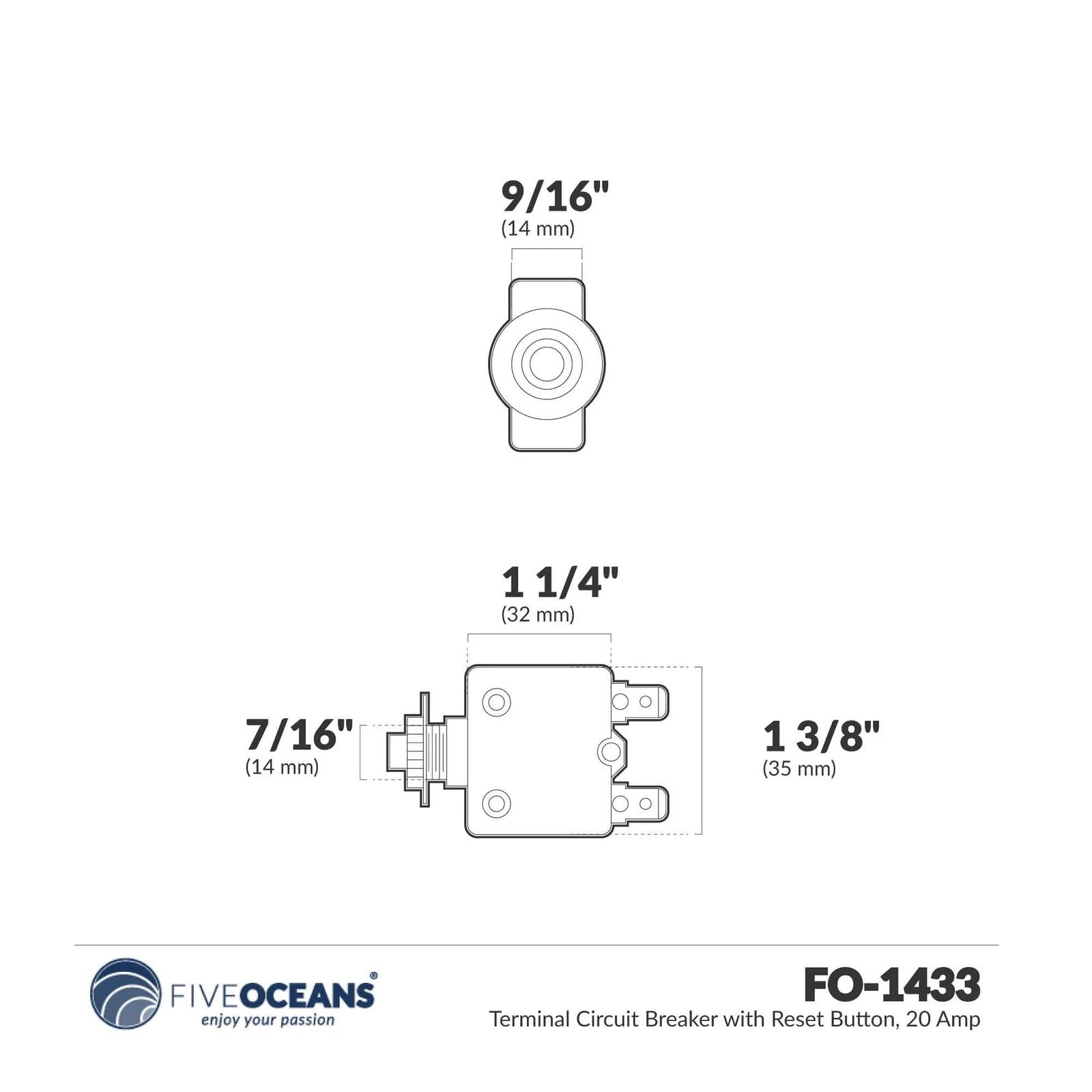 2X Terminal Circuit Breaker with Reset Button 20 Amp for Five Oceans FO1433-M2