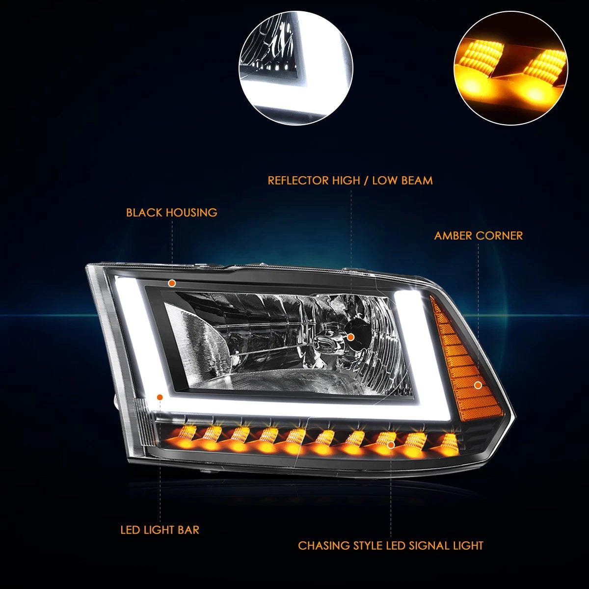 U-Shape LED Tube DRL Headlights for Dodge Ram 1500-3500 (2009–2024)