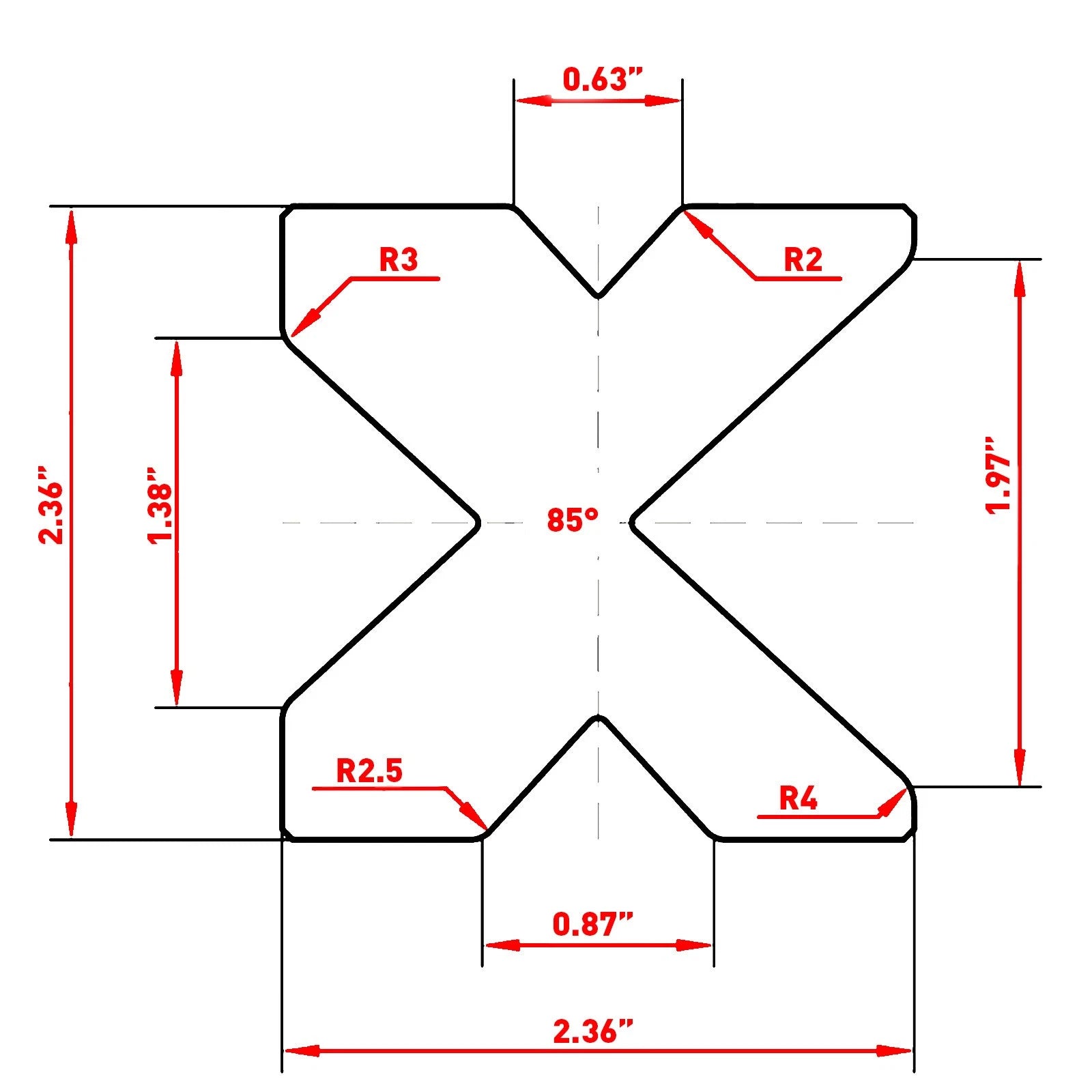 Press Brake Die for Four-Way V-Openings (2.36" Square)