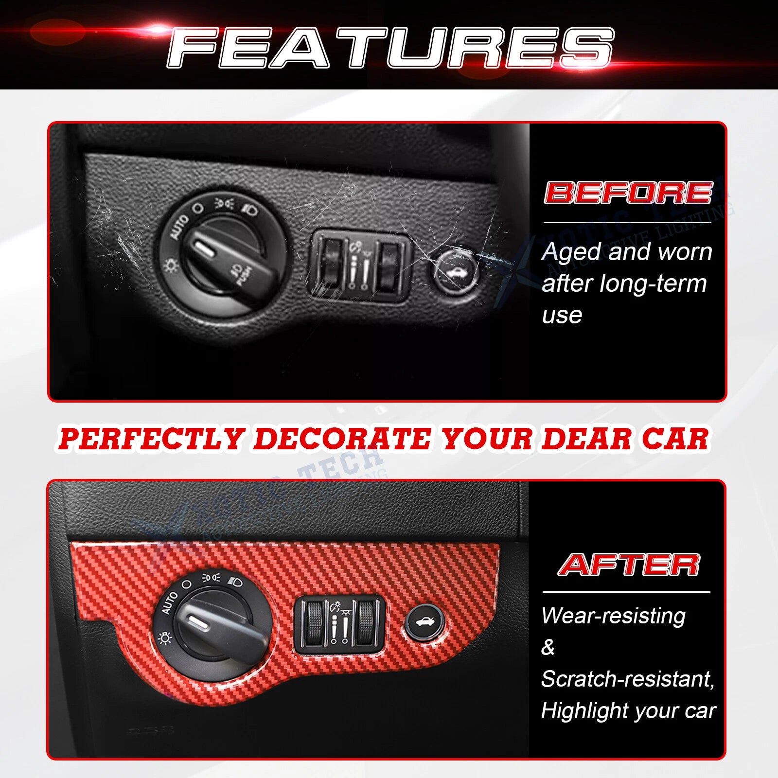 Carbon Fiber Style Headlight Switch Cover for Dodge Challenger Charger (2015-2017)