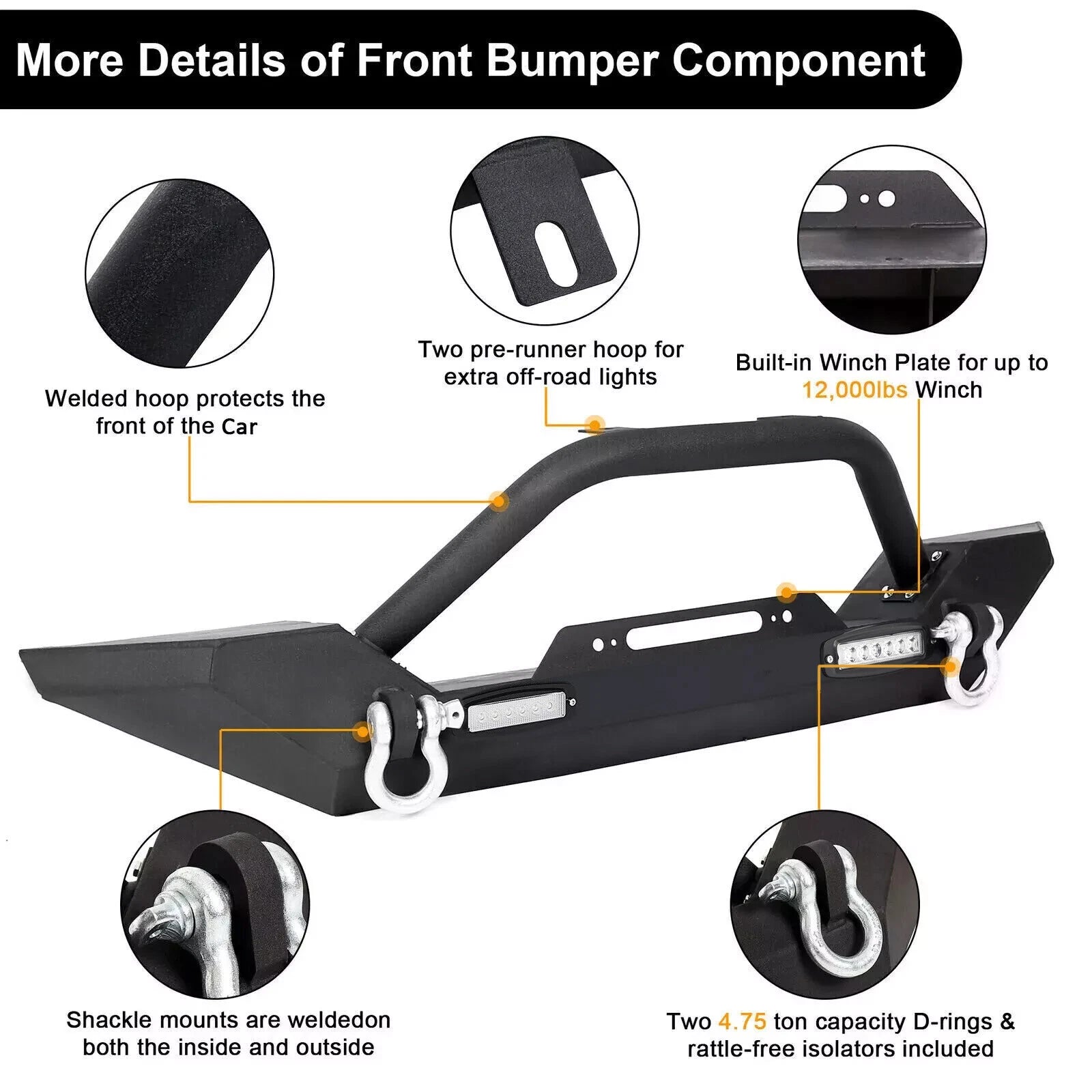 Front Bumper with Winch Plate & D-Rings for Jeep Wrangler (1987–2006)