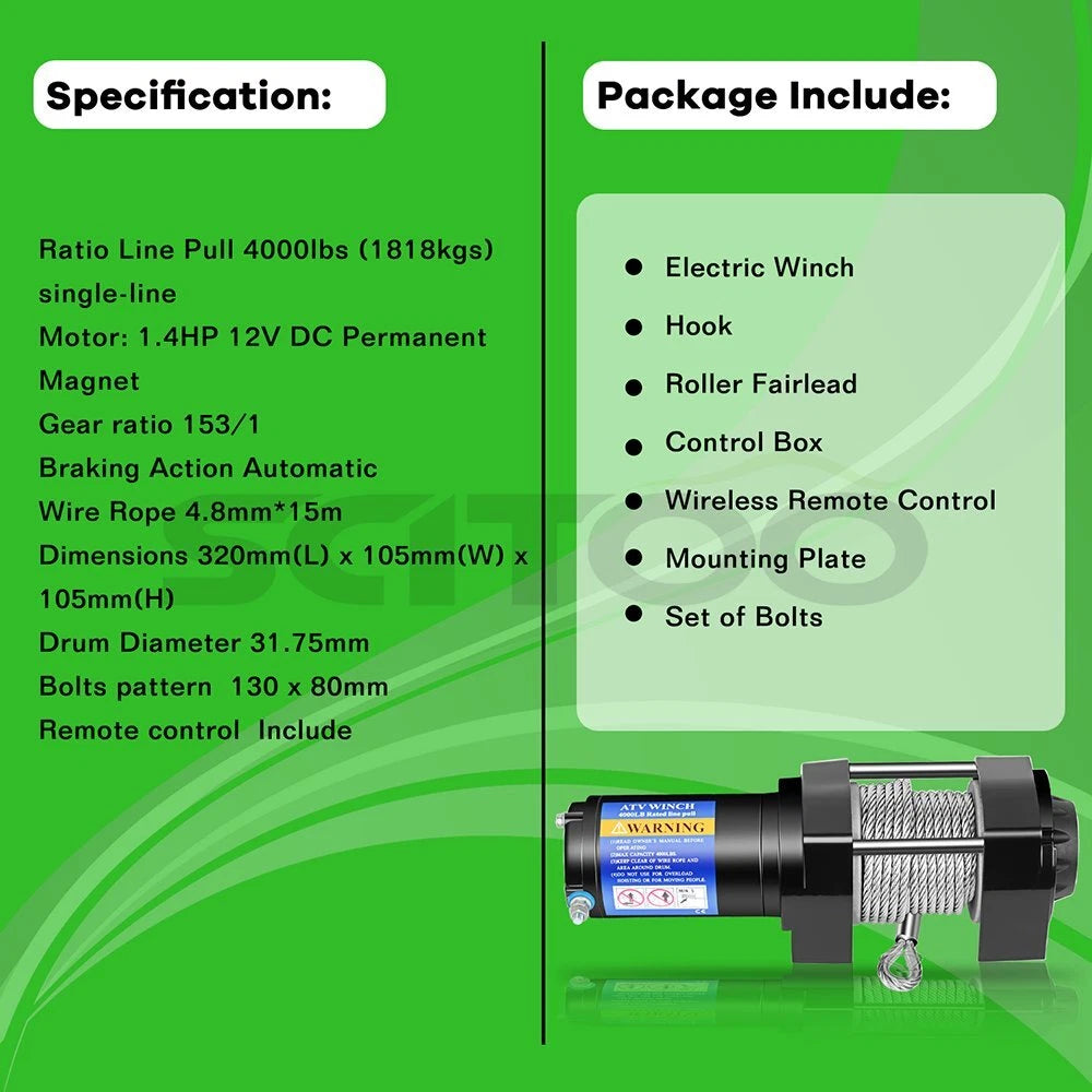 4000lb Electric Winch for Truck (12V, 4.8mm x 15m Steel Rope)