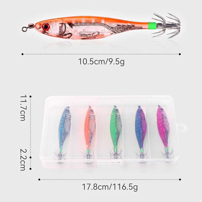 Fishing Bait Squid Lure with Fluorescent Hooks for Night Angling (Set of 5)
