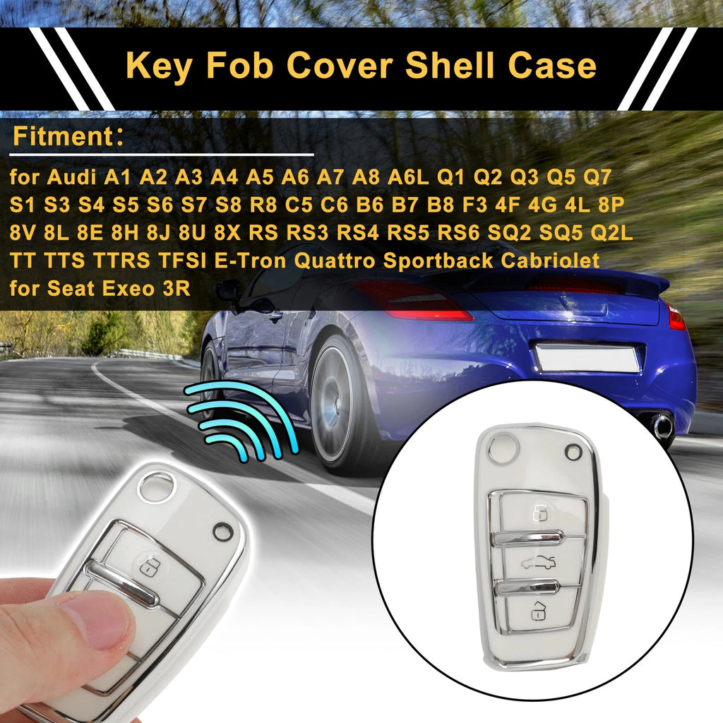 Flip Key Case for Audi A1 (2010–2018) - White Silver Tone TPU Silicone