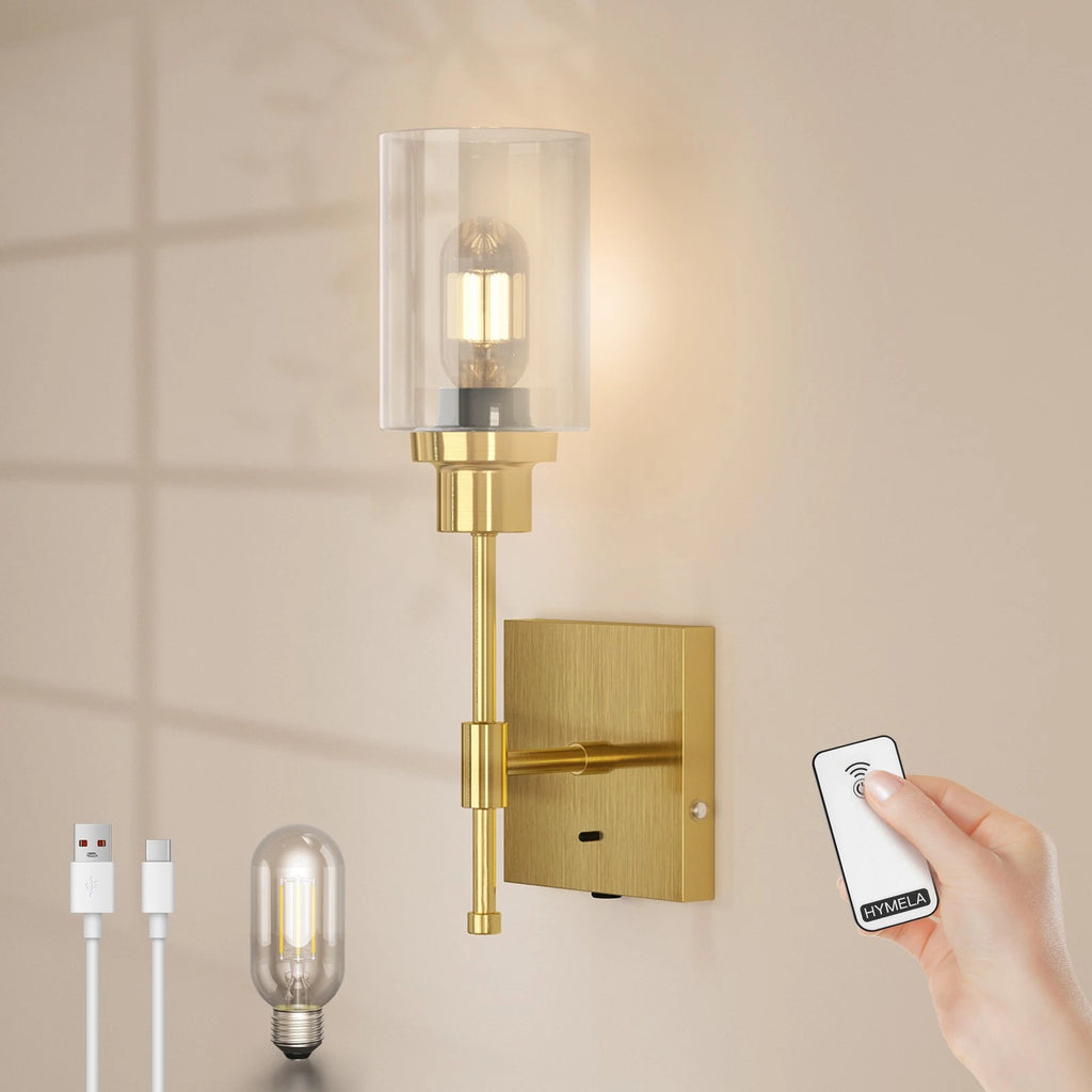 Remote Wall Sconce for HYMELA (Battery Operated, Metal, Glass, Gold)