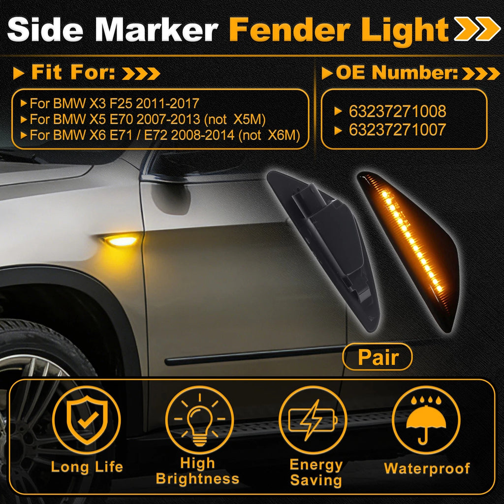 Side Marker Fender Light 63237271008 for BMW X3 F25 (2011–2017) Smokey Lens 1 Pair