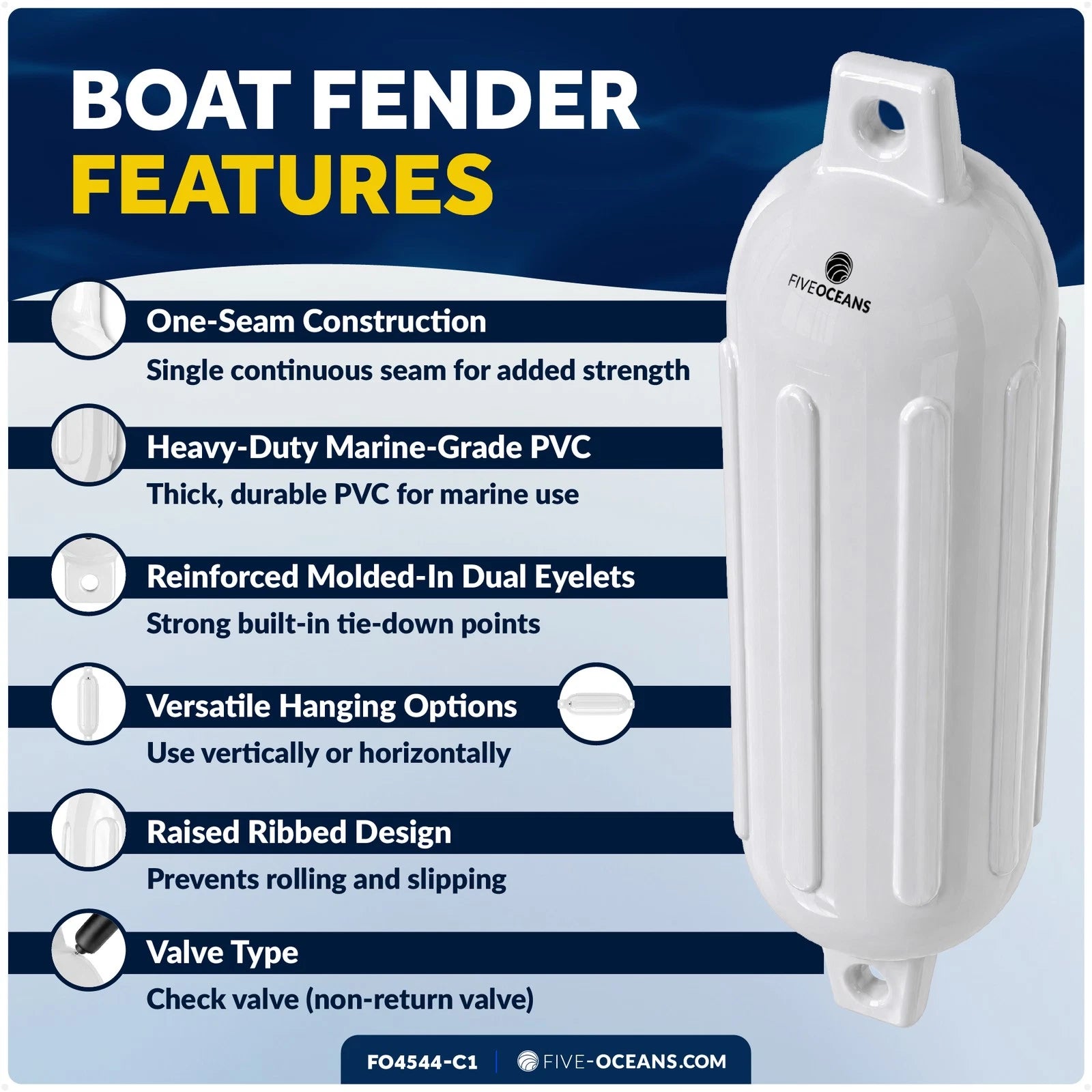 Set of 4 Boat Fenders for (6.5"x23", White)