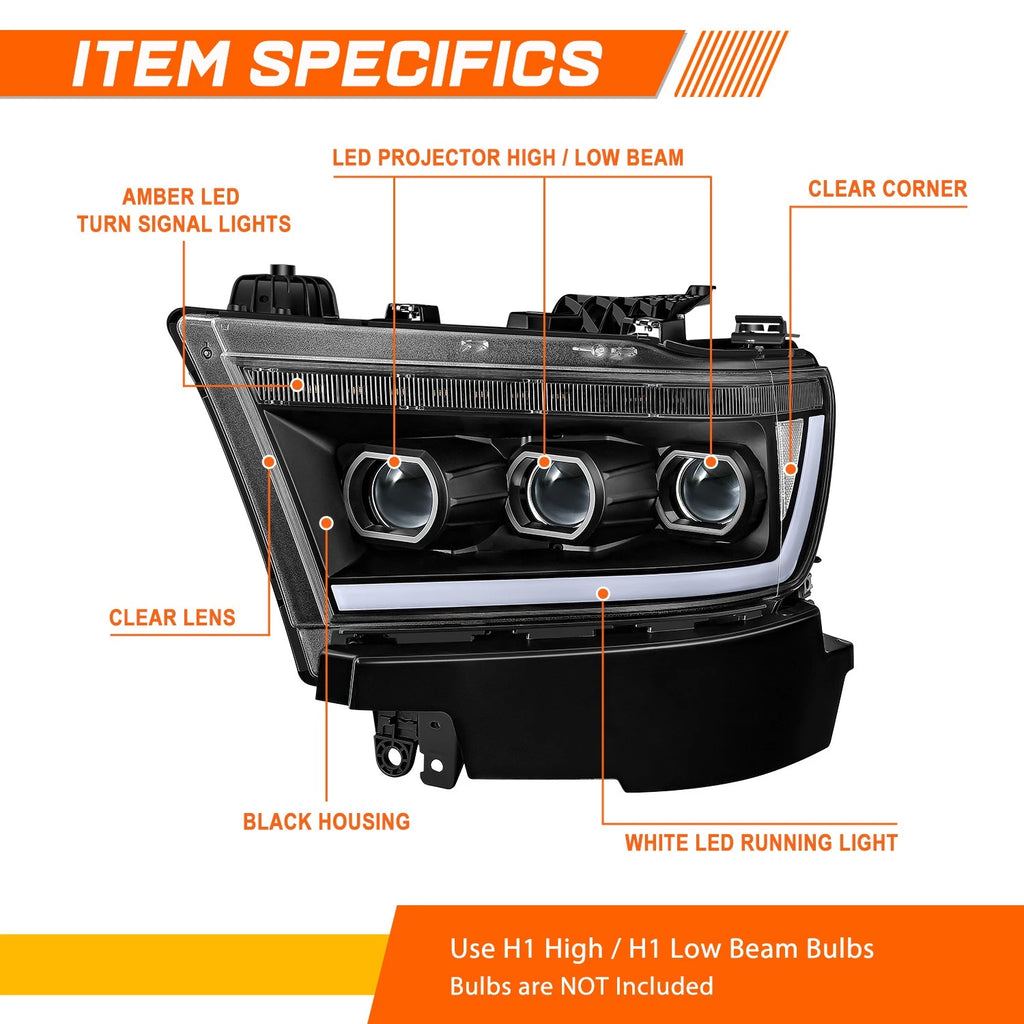 LED DRL Sequential Projector Headlights for Ram 1500 (2019–2024)