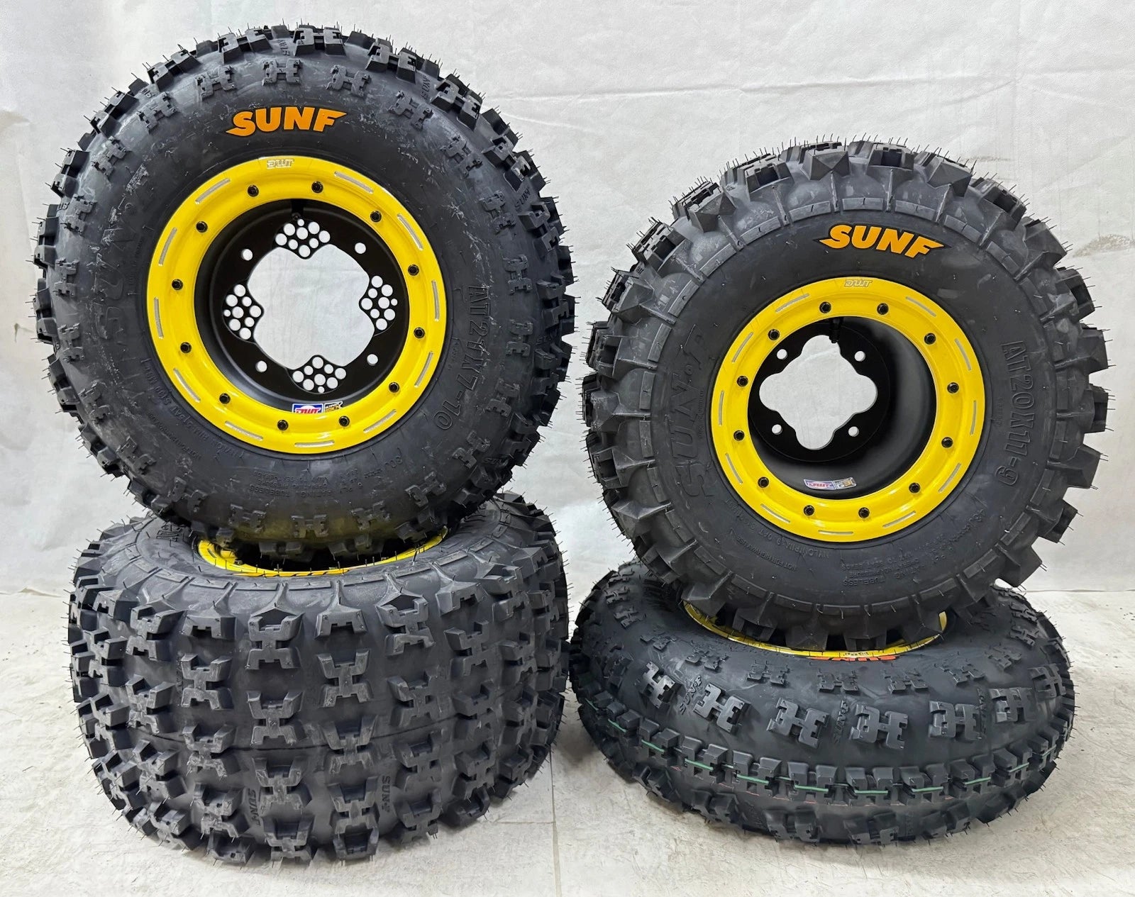 Set of 4 DWT G3 Black/Yellow Beadlock Wheels & Sunf A027 Tires for KFX400 KFX450R (2003–2009)