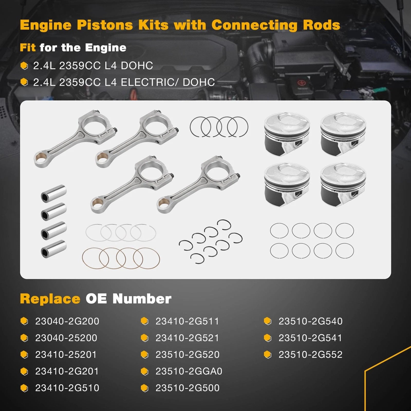 2X Engine Piston Kit with Connecting Rods for Hyundai Sonata Kia Optima