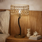Dimmable Desk Lamp with Woven Rattan Shade for Bedroom Table