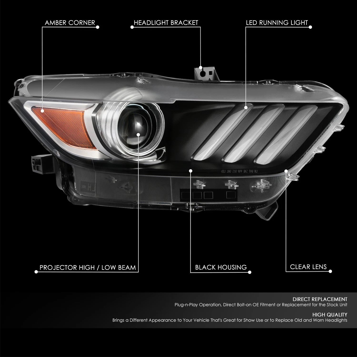 Right Side Projector Headlight for Ford Mustang (2015–2017) OE Style Black Amber HID