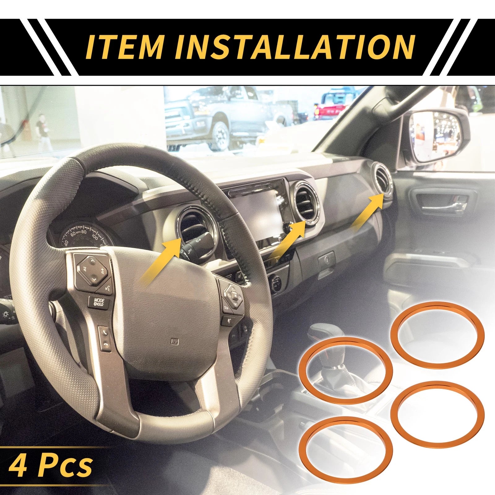 Set of 4 Orange AC Vent Dashboard Decoration Rings for Toyota Tacoma (2016–2021)