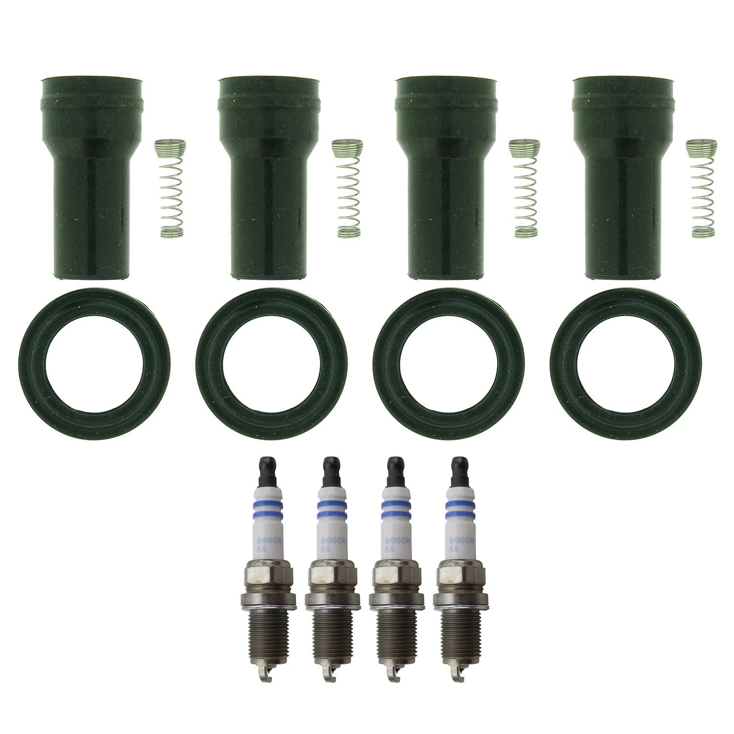 Set of 4 Bosch Platinum Spark Plugs & NGK Coil Boots for Hyundai Accent