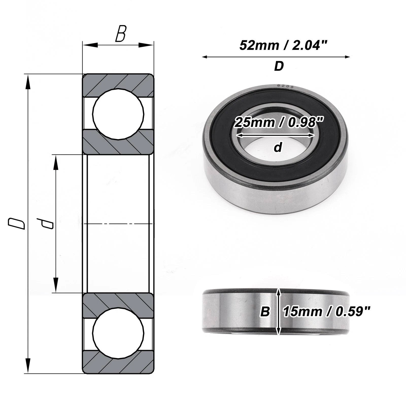 6205DDU Deep Groove Ball Bearing for Scooter Skateboard Wheel (1 Pc)