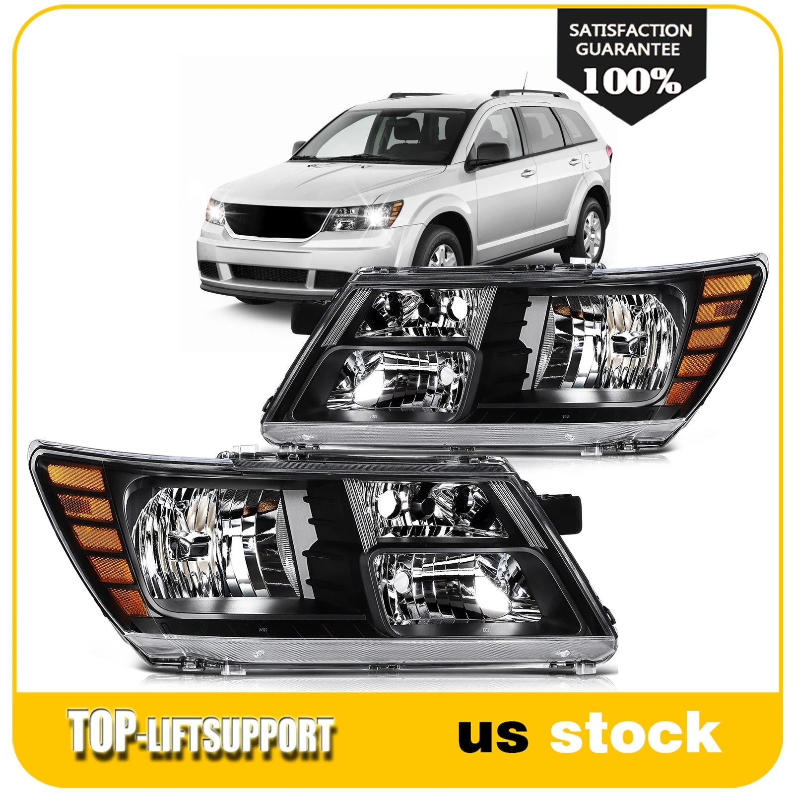 Set of 2 Headlights for Dodge Journey (2009–2020) Black Housing