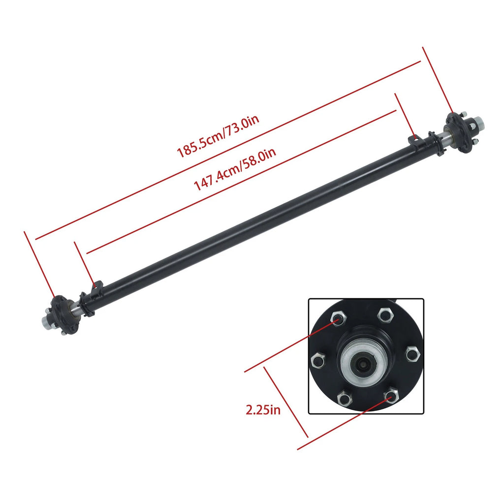 6K Trailer Axle for 6 Lug Vehicles (73" Hub Face, 58" Spring Center)