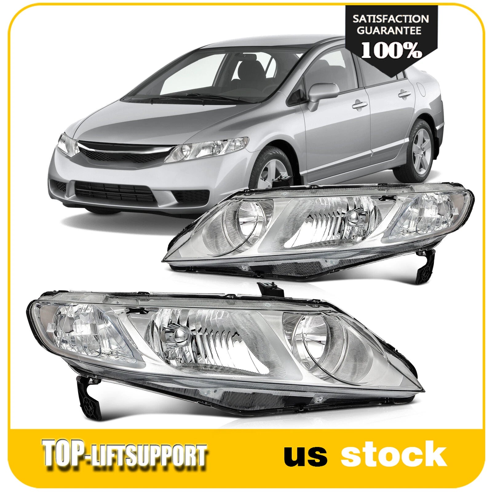 Headlight Assembly for Honda Civic Sedan (2006–2011) Left & Right Chrome