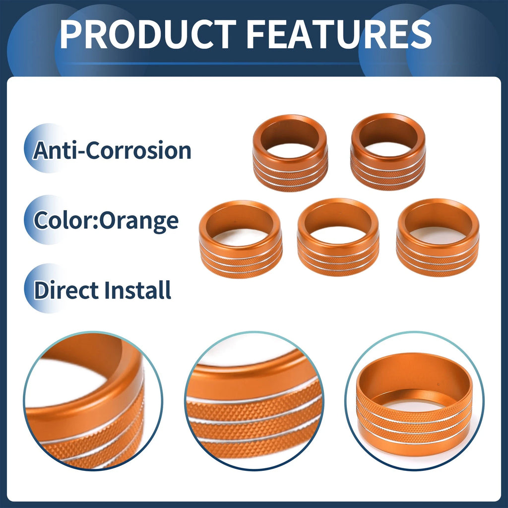 Set of 5 AC Media Volume Switch Knob Cover Rings for Dodge RAM (2018–2022) Orange