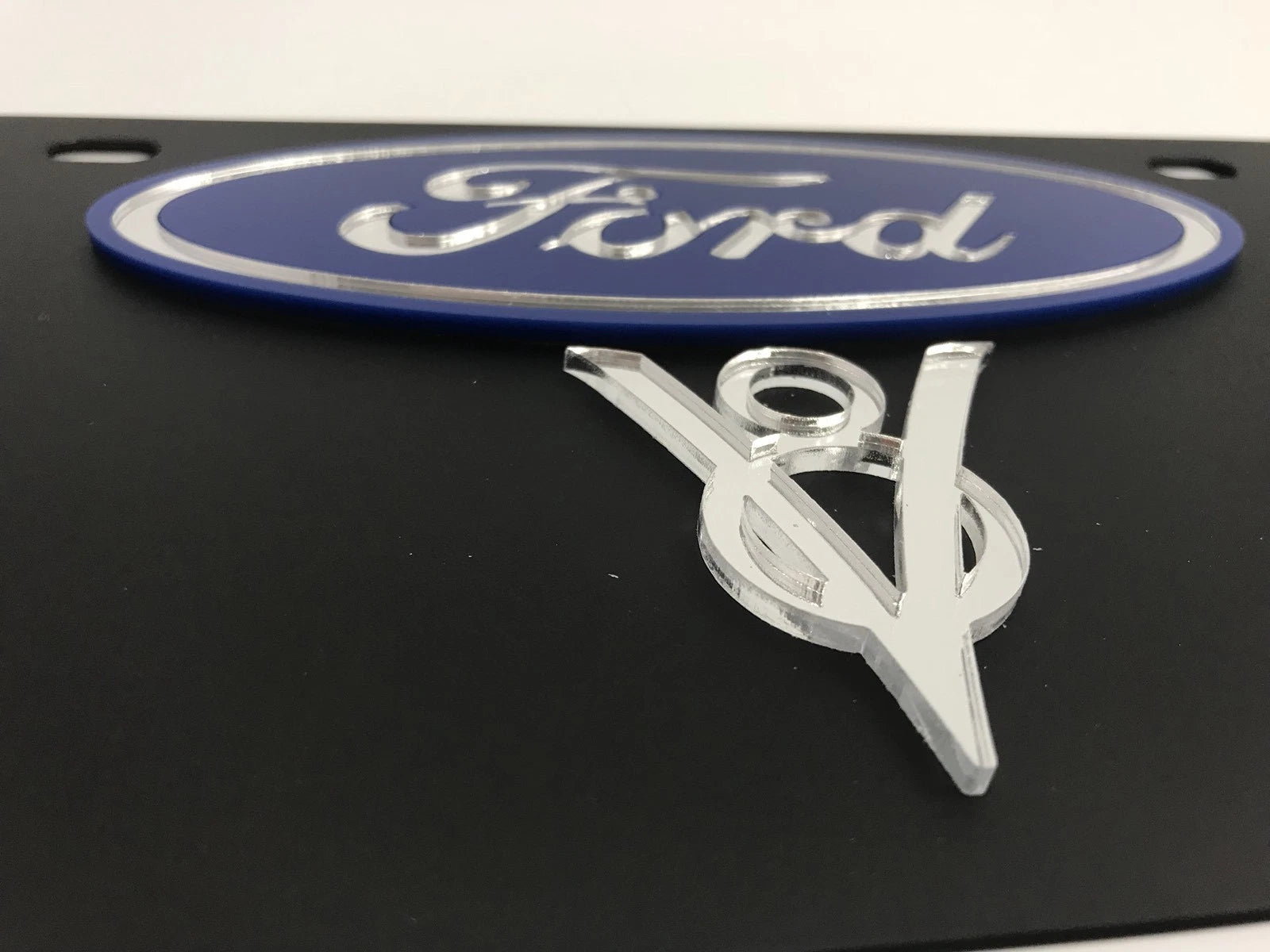 Vanity License Plate w Ford V8 Emblem Black Premium Steel (Licensed)