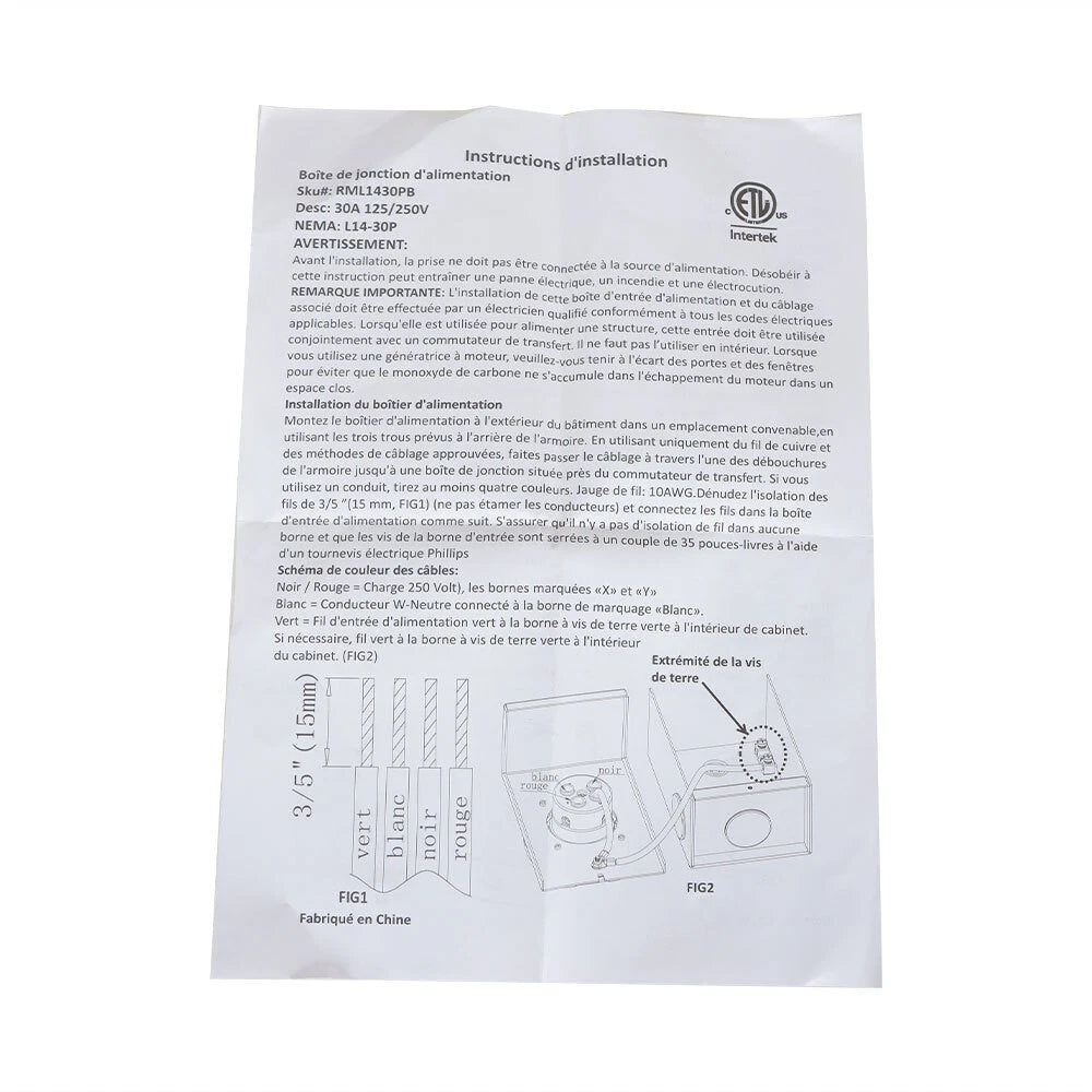 30 AMP Generator Power Inlet Box for NEMA L14-30P (Weatherproof)