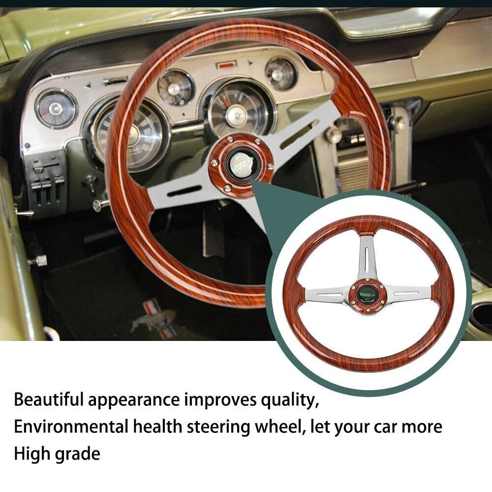 14'' Wooden Steering Wheel for Universal Fit (Wood Grain, Chrome Spoke)