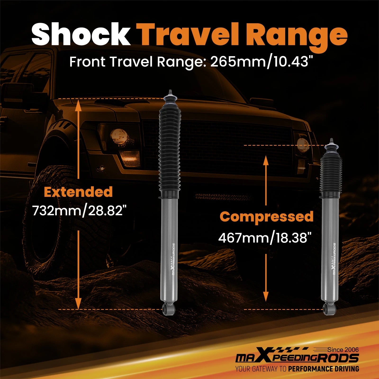 Front 4-8" Lift Shock for Ford F150 (1980–1996) 4WD 265mm Nitrogen Bushing