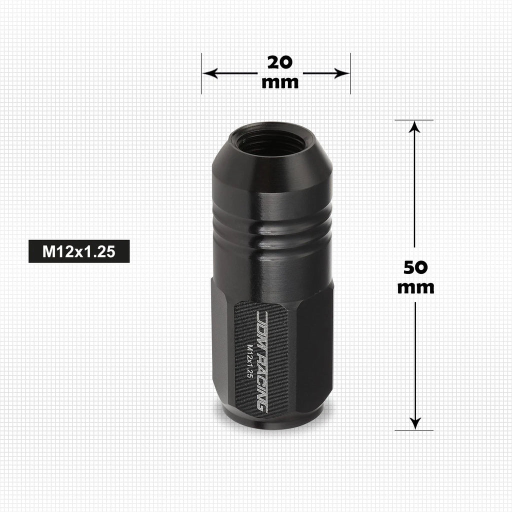 Set of 20 M12X1.25 Black JDM Closed End Cone Hex Wheel Lug Nuts + Extension 20mm