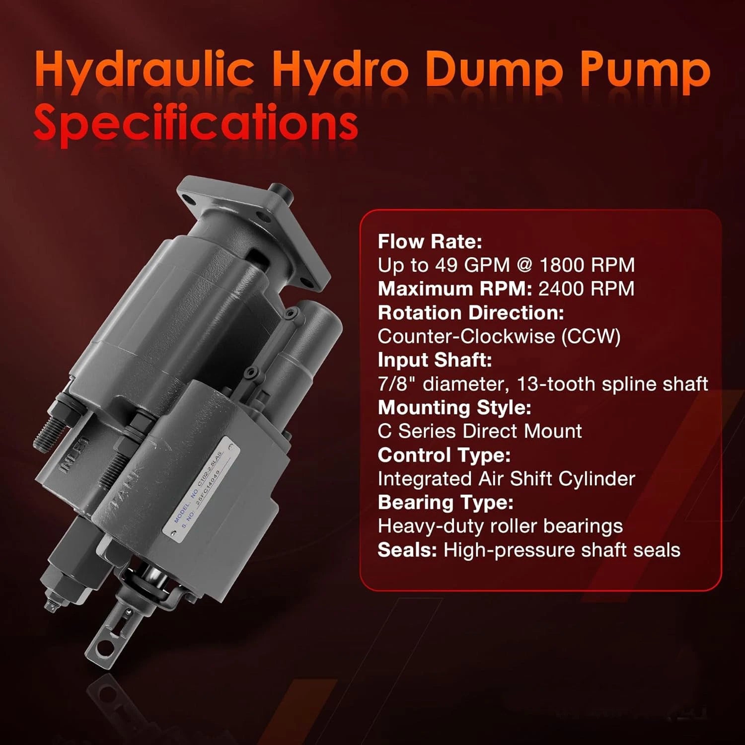PTO Dump Pump Hydraulic Cylinder C102 for Direct Mount (7/8" 13-T Spline)