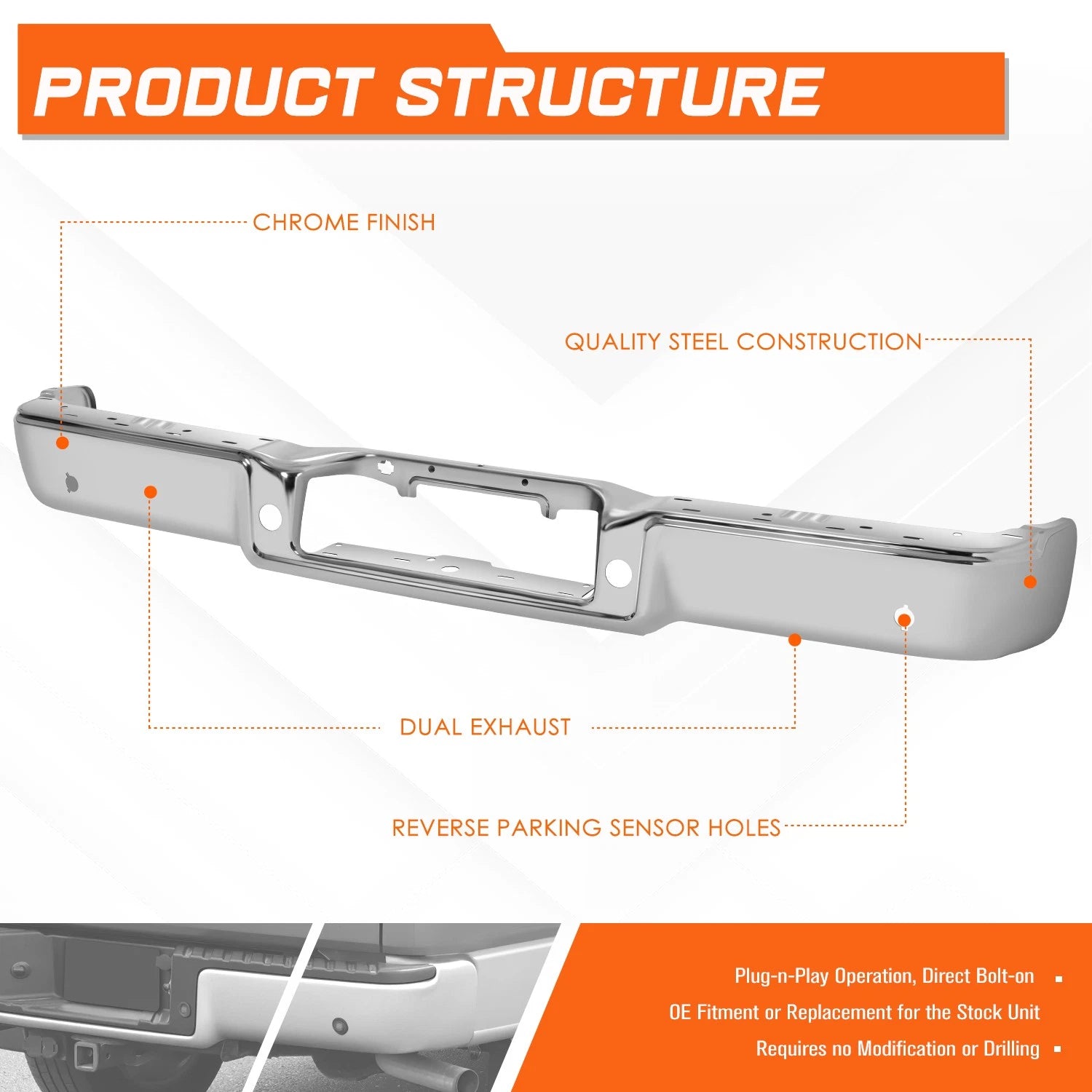 Rear Bumper Face Bar for Ford F-150 Lincoln Mark LT (2004–2008) Chrome w/Sensor Holes