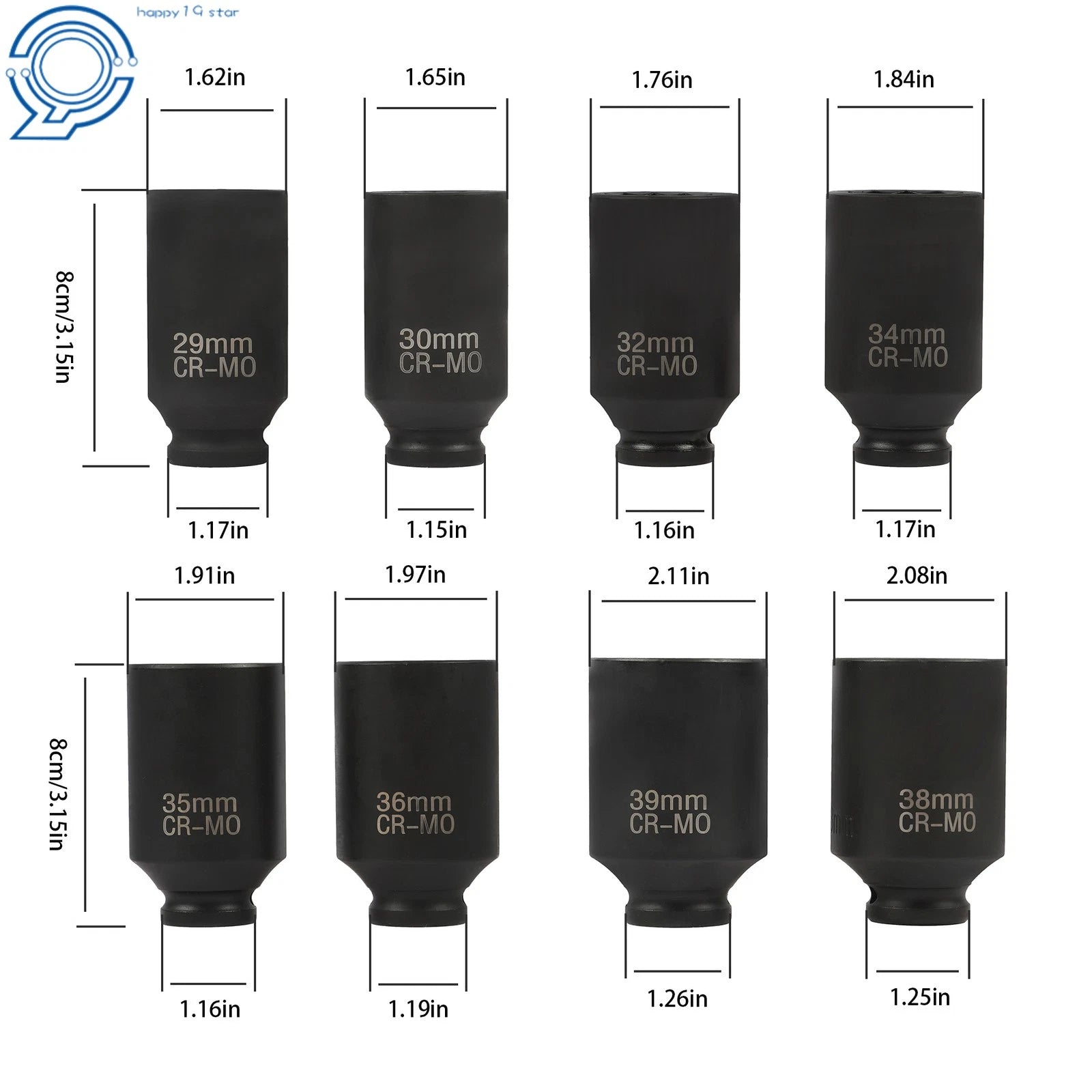 Set of 8 Deep Impact Sockets for Automotive (1" to 1-1/2")