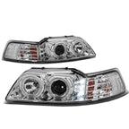 Halo Ring LED DRL Projector Headlight for Ford Mustang (1999–2004) Chrome Amber
