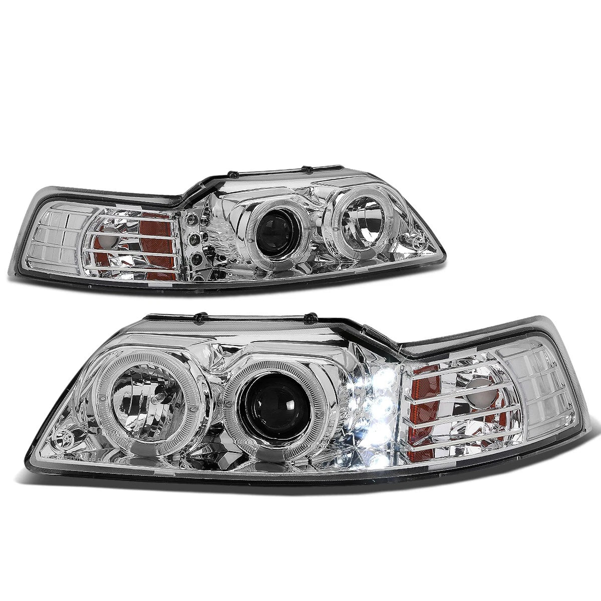 Halo Ring LED DRL Projector Headlight for Ford Mustang (1999–2004) Chrome Amber
