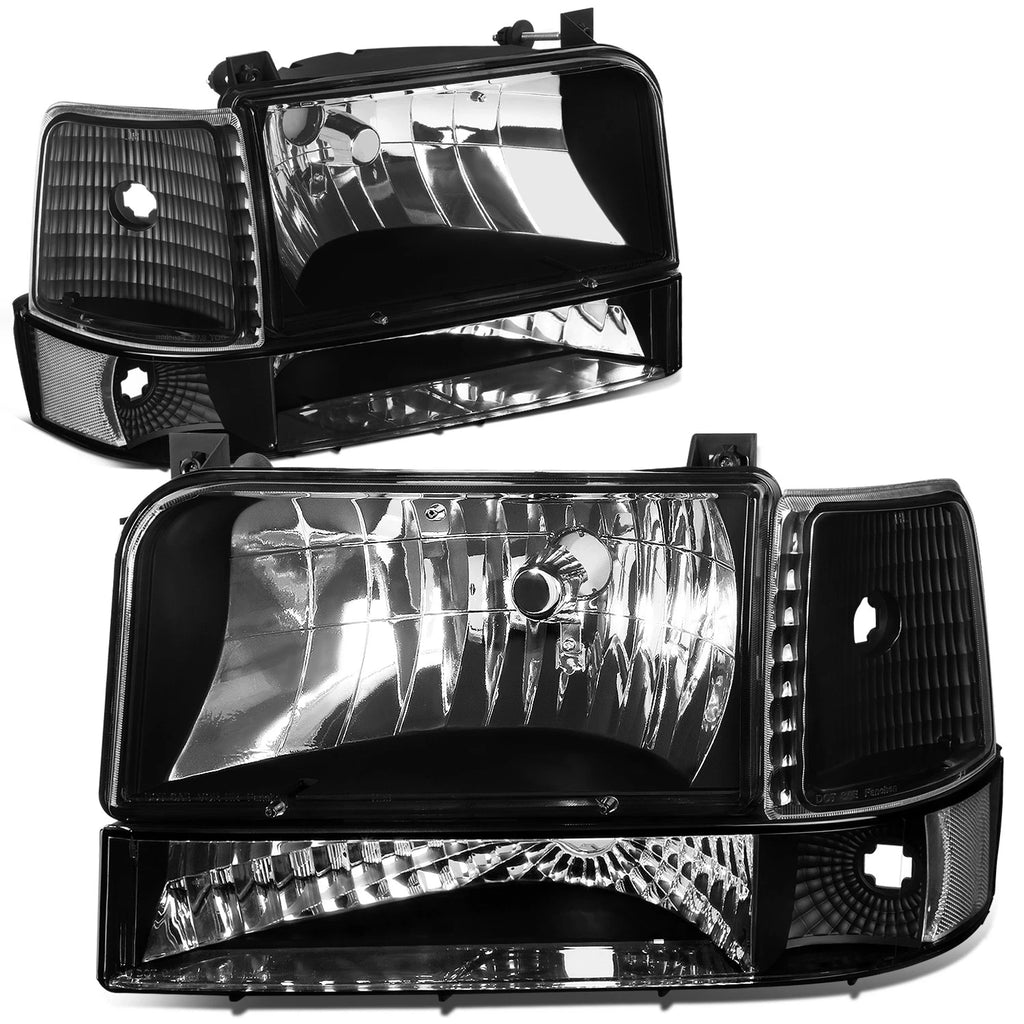 Set of 4 Black Housing Headlight, Clear Bumper, Corner, LED Fog Light for F150 (1992–1996)