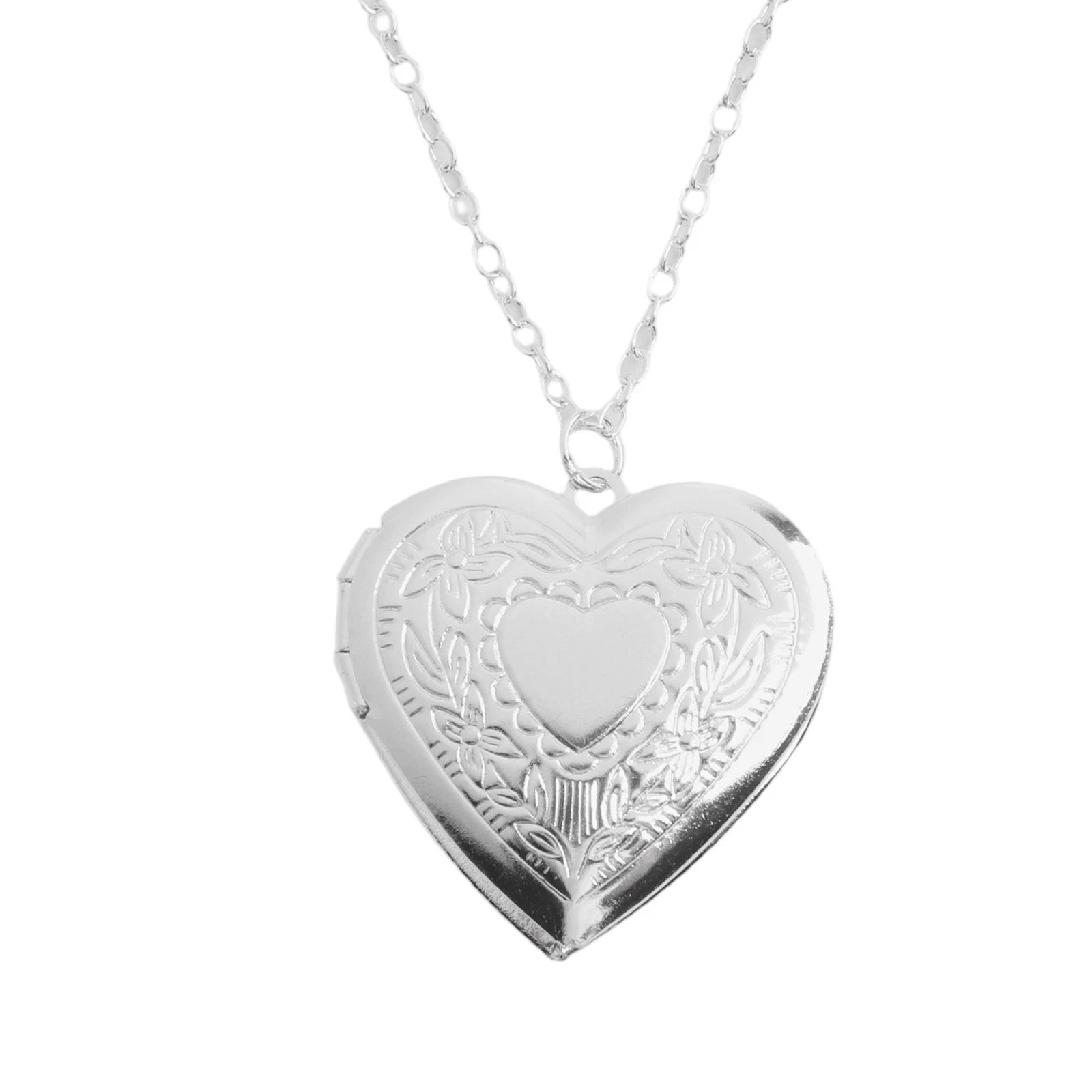 2X Stylish Engraved Silver Heart Locket Necklace for Women - Holds Photos