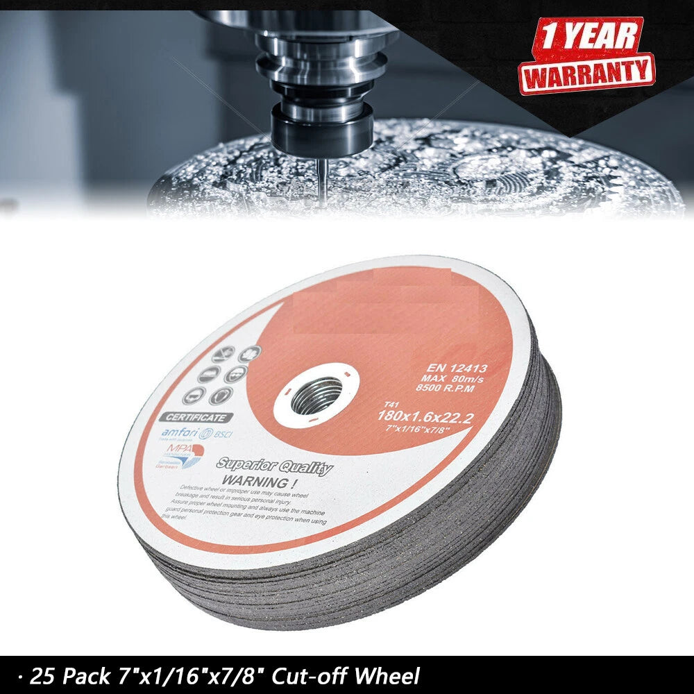 25 Pack Cut-off Wheels for Metal & Stainless Steel (7"x1/16"x7/8")