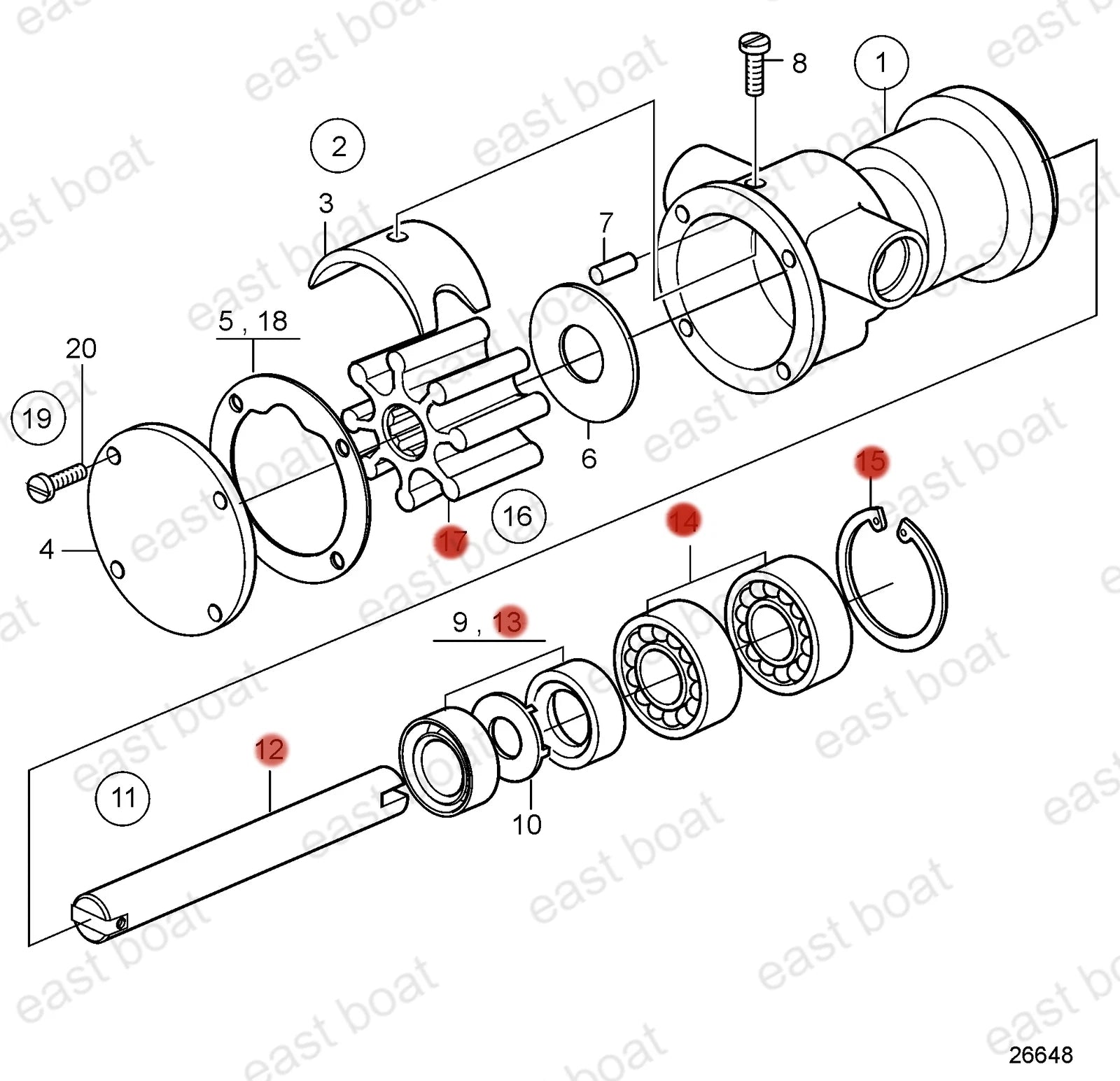 Water Pump Shaft Kit for Volvo Penta MD5A MD5B MD5C MD17 MD17C MD17D (21951422)