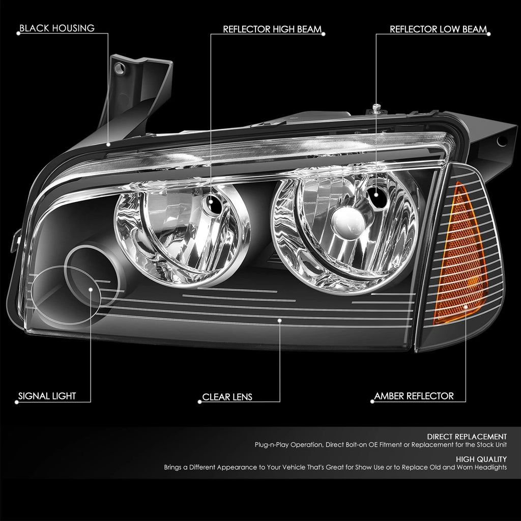 Pair of Black Housing Headlights with Amber Turn Signal for Dodge Charger (2006–2010)