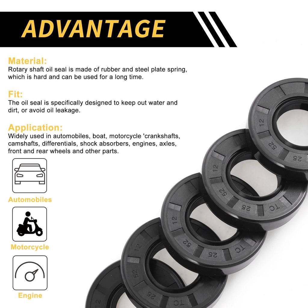 Set of 5 Oil Seal Rotary Shaft Seal NBR Rubber 25x52x12mm