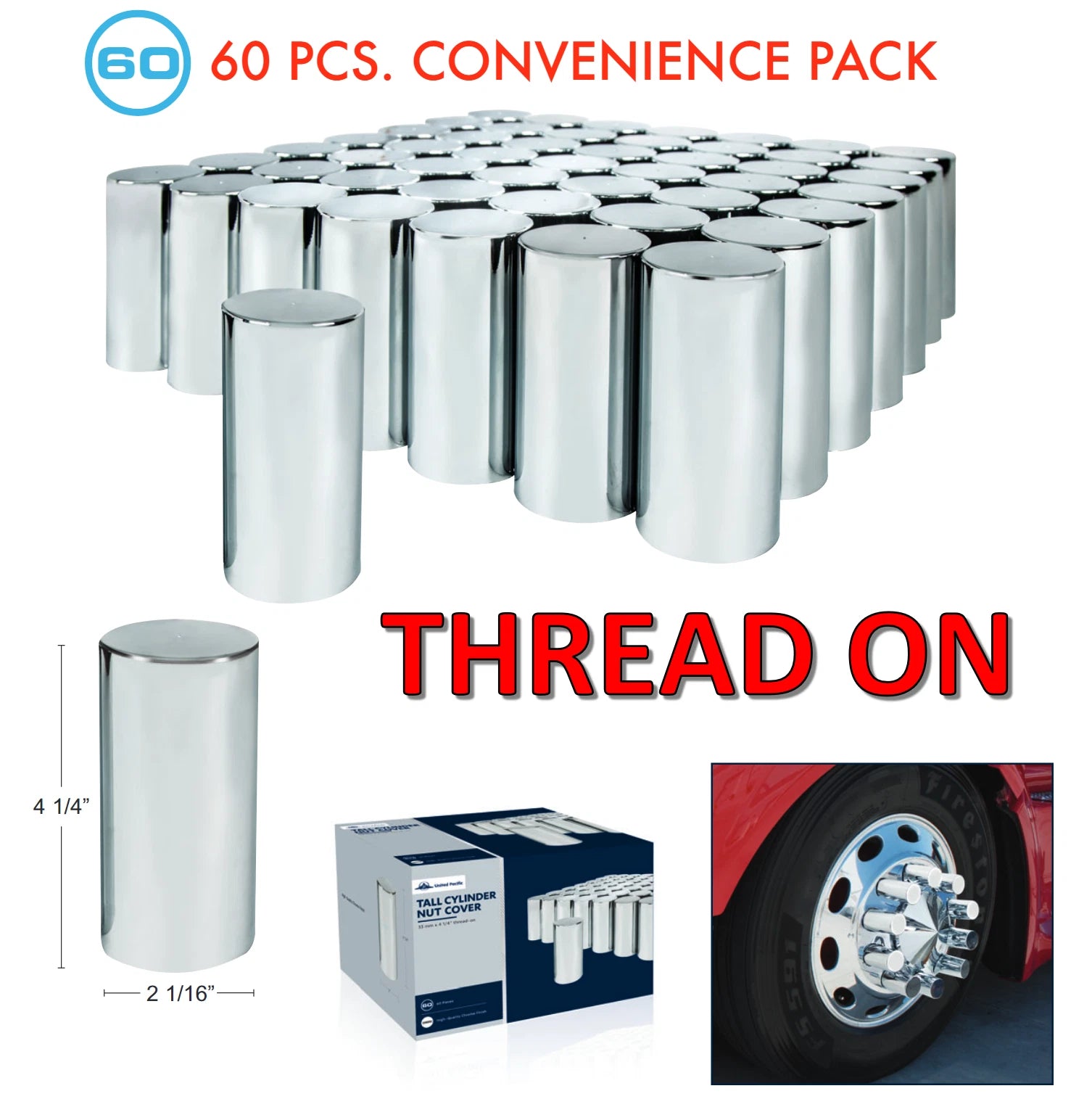 Chrome Cylinder Lug Nut Covers Thread-On for 33mm Toyota Wheels (60-Pack)